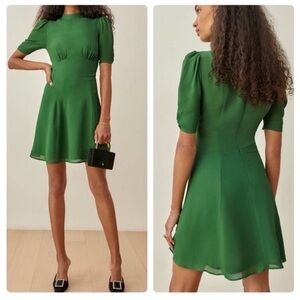 Reformation Maylin Dress Size 6 Kelly Green Puff Sleeve Mini Twee Feminine NEW